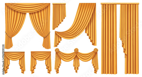 Assortment of golden yellow velvet curtains and drapes with ornate folds and pleats with stage curtain
