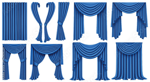 Collection of royal blue fabric curtains and drapes with cascading folds, isolated on a white background, blue curtain