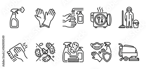 A collection of clean line art icons representing various hygiene and cleaning practices, including sanitization, personal protection, and professional cleaning tools.