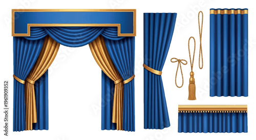 Elegant blue and gold theatrical curtains, including drapes, pelmets, and decorative tassels, blue curtain