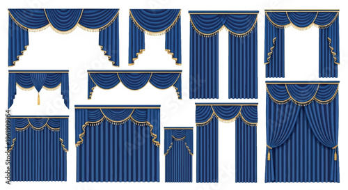 Assortment of deep blue stage curtains with decorative gold fringe and ornate pelmets with stage curtain