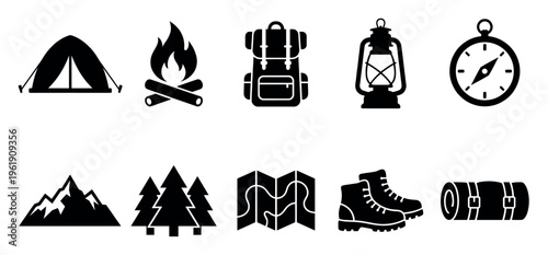 Collection of black vector icons depicting essential camping and outdoor adventure gear, including a tent, campfire, backpack, lantern, compass, mountains, trees, map, boots, and sleeping bag.