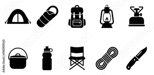 A collection of black vector icons representing essential camping and outdoor equipment on a white background, perfect for travel or adventure themes.