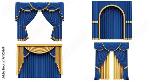 Collection of blue theatrical curtains with gold trim, including arched styles and draped pelmets, isolated, blue curtain