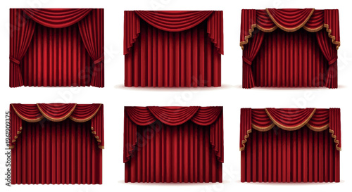 Six red velvet theater curtains with decorative gold trim and elegant pelmets with stage curtain