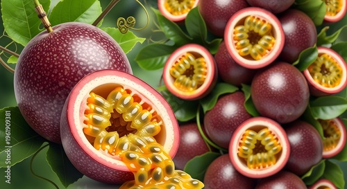 Vibrant and Juicy Passion Fruits A Close-Up of Tropical Goodness with Lush Green Leaves, Highlighting Freshness and Exotic Flavor