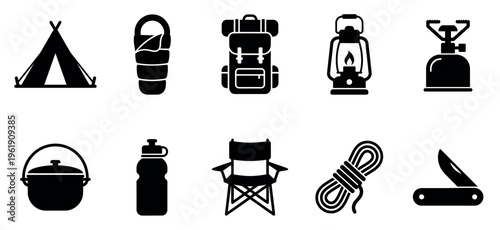 A clean and simple collection of black camping icons on a white background, including a tent, sleeping bag, backpack, lantern, stove, pot, bottle, chair, rope, and knife.