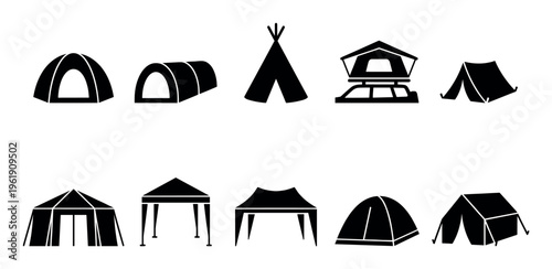 Collection of various black silhouette icons representing different types of camping tents and shelters, ideal for outdoor recreation themes.
