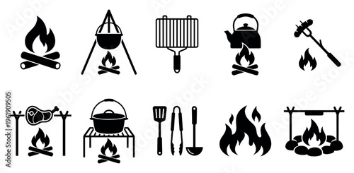 A collection of black silhouette icons depicts various campfire cooking scenes, including flames, pots, grills, and utensils for outdoor food preparation.