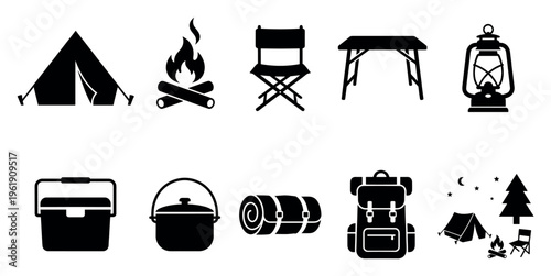 Collection of black camping equipment icons in a clean, vector silhouette style on a white background, perfect for outdoor adventure themes.