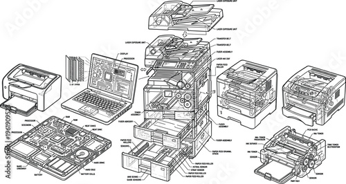 Technical blueprint illustration showing exploded views and internal components of printers laptops and photocopier office hardware equipment.