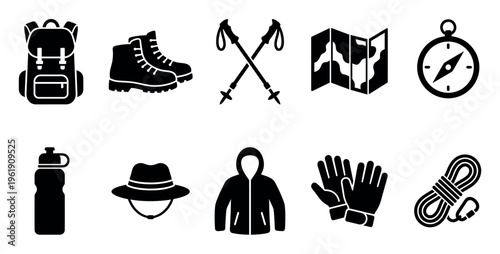 Collection of black silhouette icons representing essential hiking and camping equipment for outdoor adventures, including a backpack, boots, and compass.