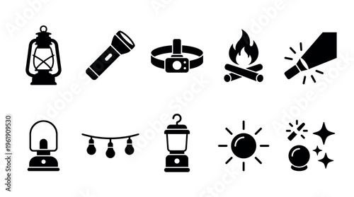 A collection of black silhouette icons representing various outdoor lighting and heat sources suitable for camping, adventure, and nighttime activities.