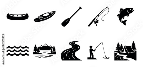 A collection of black and white vector icons representing various outdoor and recreational activities, including water sports and camping.