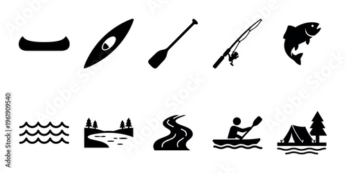 A collection of simple black silhouette icons depicting various outdoor recreation activities like kayaking, canoeing, fishing, and camping set against a clean white background.