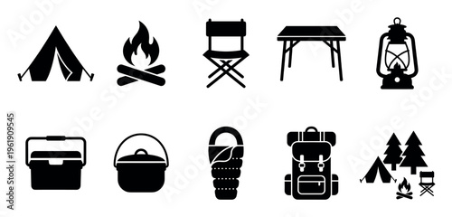 A collection of black vector icons representing camping essentials including a tent, campfire, chair, table, lantern, cooler, pot, sleeping bag, and backpack.