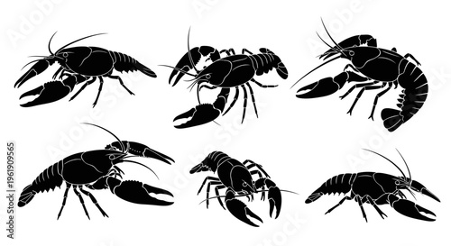 Six Black Silhouettes of Crawfish or Crayfish in Different Poses on White Background