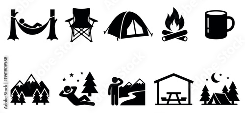 A collection of black and white vector icons representing various aspects of outdoor camping, including tents, hammocks, campfires, mugs, chairs, and scenic mountain landscapes.