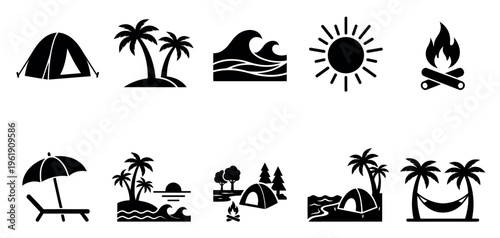 Collection of black vector icons representing summer vacation activities like camping, beach, and relaxation.