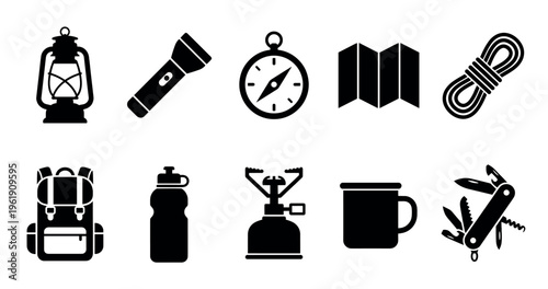 A collection of black silhouette icons representing essential camping and outdoor adventure gear, isolated on a white background.
