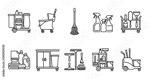 A collection of clean line art icons depicting various cleaning tools, carts, and supplies, perfect for commercial use.