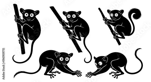 Tarsier Monkey Silhouettes: Climbing, Reaching, and Perched Poses