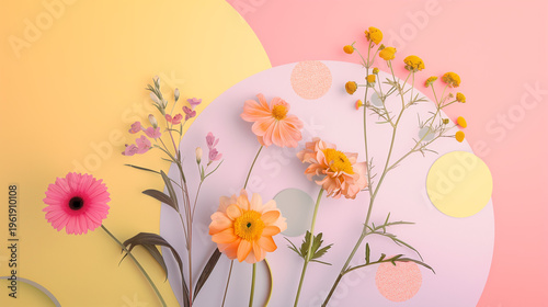 Geometric Spring Flowers Background with Pastel Shapes and Copy Space