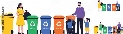 Waste sorting and recycling concept with people separating trash into bins for plastic, paper and organic materials flat vector illustration