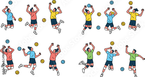 Volleyball players jumping and hitting ball set, dynamic sport action collection with athletes in different poses for game design, training illustration and vector artwork