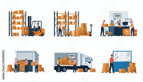 Illustration of warehouse logistics system with workers operating forklift, loading truck, and managing inventory in an industrial setting with orange and blue elements