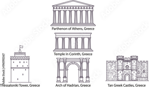 Greece landmarks dark theme illustration, Parthenon Corinth temple Hadrian arch Thessaloniki tower castles, neon outline architecture icons collection design