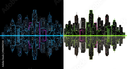 Sound wave cityscape graphic design element.