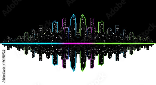 Vibrant cityscape sound wave graphic design.
