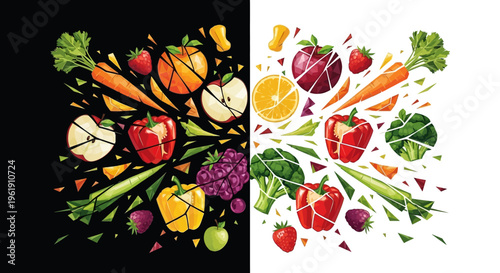 Vibrant colorful vegetables and fruits split.
