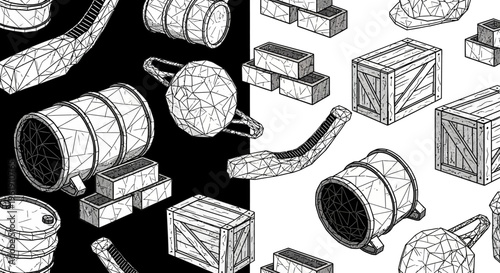 Vintage barrels and wooden crates illustration.