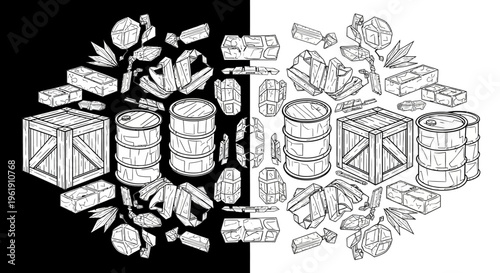 Black and white illustration of food and drink items.