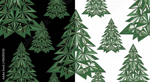 A collection of green cannabis leaf Christmas trees on black and white backgrounds.