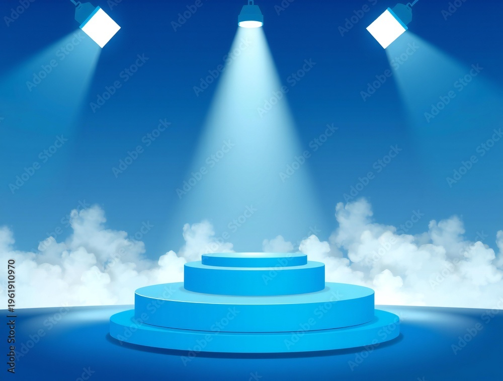 Obraz premium Empty blue stage podium with spotlights and smoke for presentation