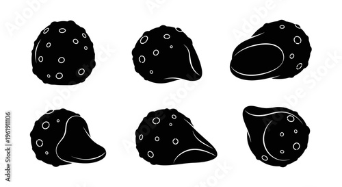 Set of six black silhouettes of water chestnuts from different angles, isolated on white background