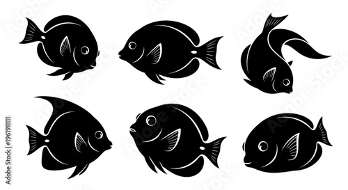 Set of Six Black Silhouettes of Tropical Fish on White Background