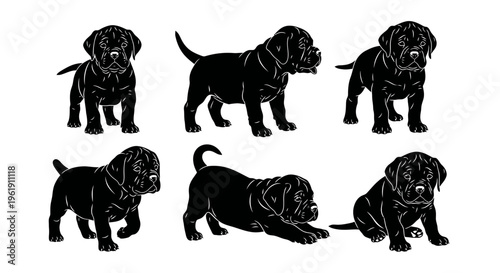 Set of six black silhouettes of playful Labrador puppies in various poses on a white background.
