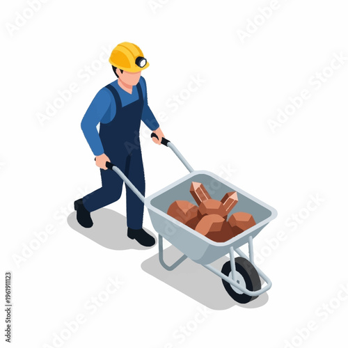 Isometric miner pushing wheelbarrow full of bricks.