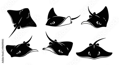 Set of Six Black Stingray Silhouettes on White Background, Vector Illustration