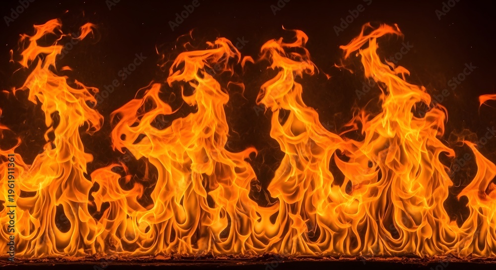 Fototapeta premium Dynamic and fiery orange flames dancing intensely against a dramatic dark backdrop, evoking raw power, warmth, and the mesmerizing beauty of a blazing inferno