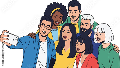 Diverse group of young friends taking a cheerful group selfie with a.