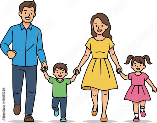 Parents and two young children cheerfully walk forward holding hands.