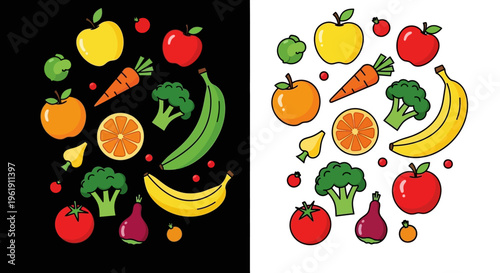 Colorful illustrations of various fruits and vegetables on black and white backgrounds.