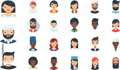 Diverse People Avatar Icon Set with Multicultural Male and Female Characters for User Profiles, Social Media, UI Design, and Digital Illustration Collection.