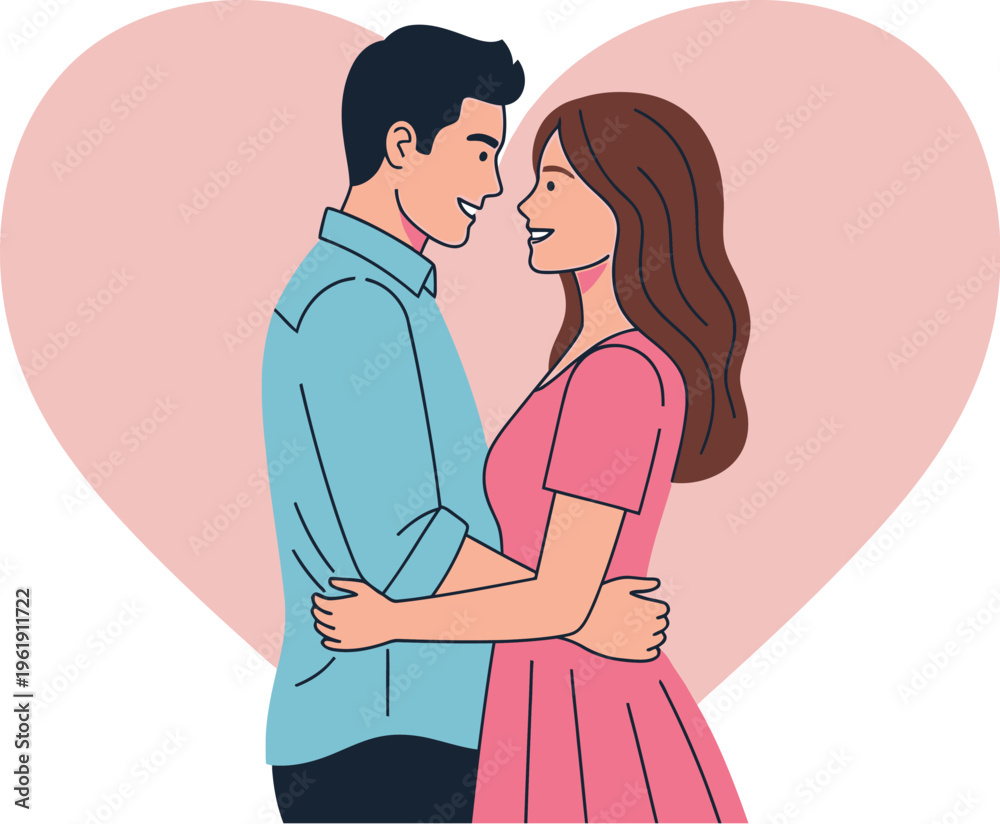 Obraz premium Young loving couple embraces tenderly with a large pink heart shape behind.