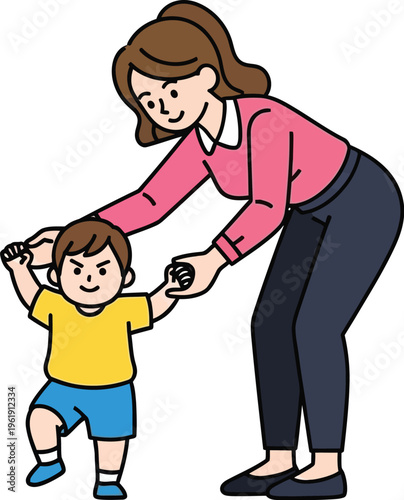 Mother gently assists her toddler learning to take first independent steps.